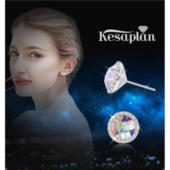 Sterling Silver Crystal Stud Earrings Round Rhinestone Halo Bridal Jewelry - Picture 2 of 7